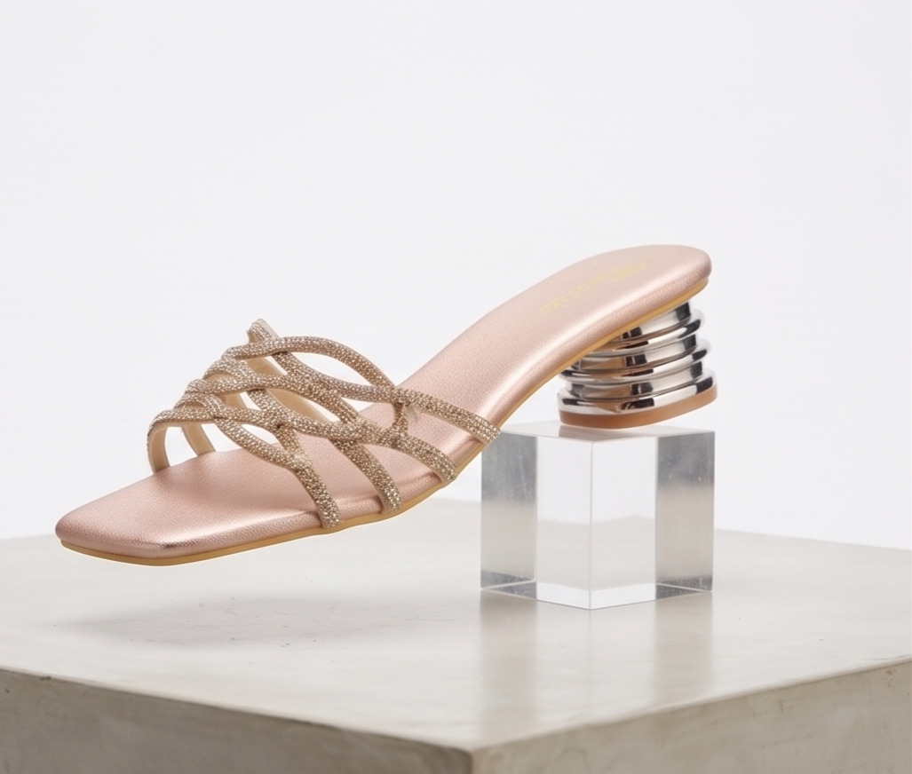 Rose Gold Shimmer Strappy Mule Heels with Sculpted Metallic Block Heel