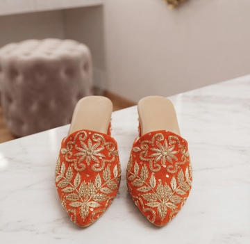 Zardozi Embroidered Rust Orange Velvet Mules