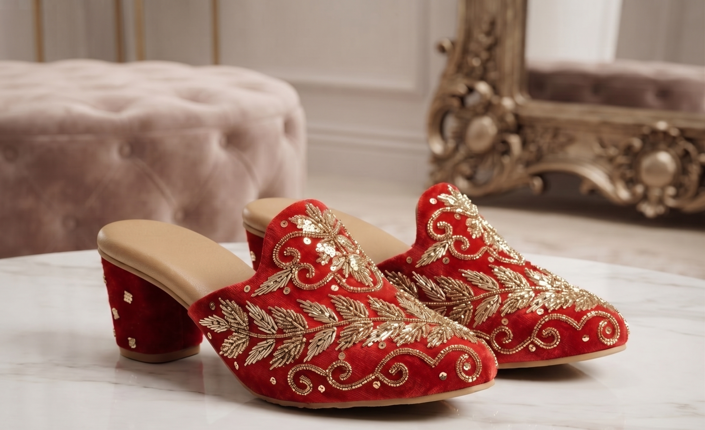 Zardozi Embroidered Rust Orange Velvet Mules