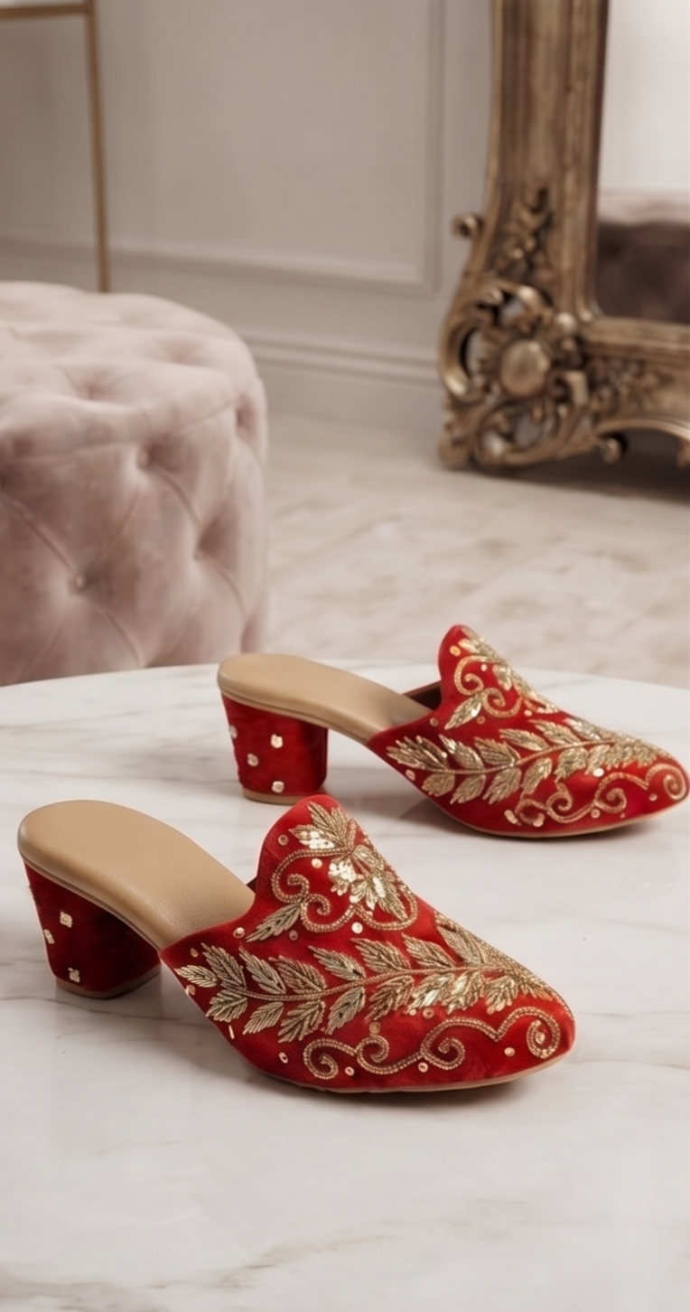 Zardozi Embroidered Rust Orange Velvet Mules