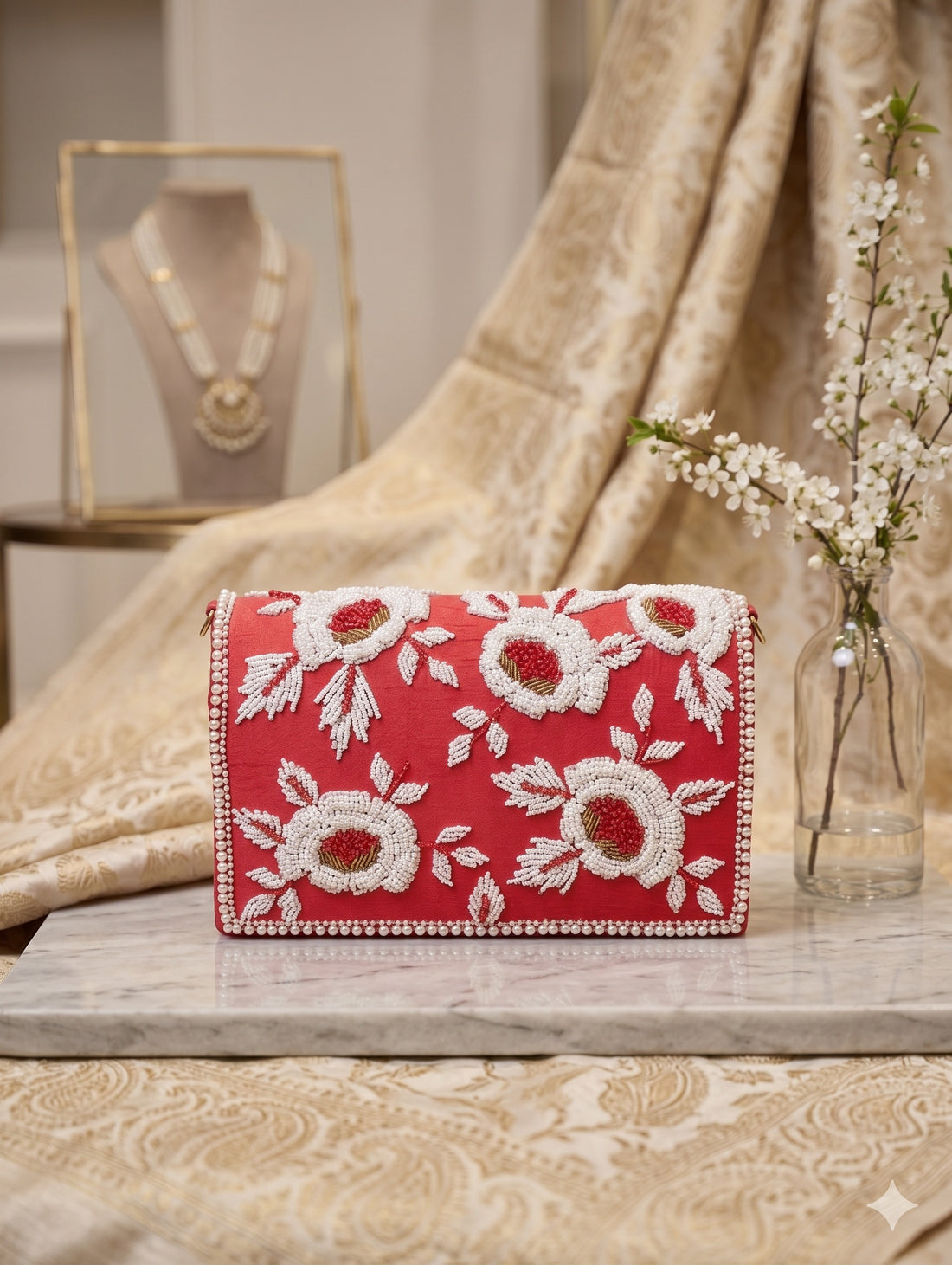 Scarlet Ornate Blossom Clutch