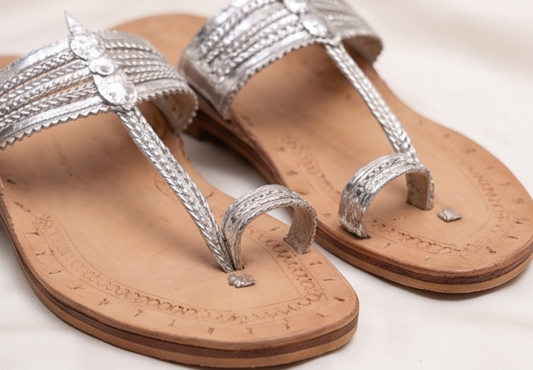 Women's Handcrafted Silver Leather Kolhapuri Chappals with Toe-Loop