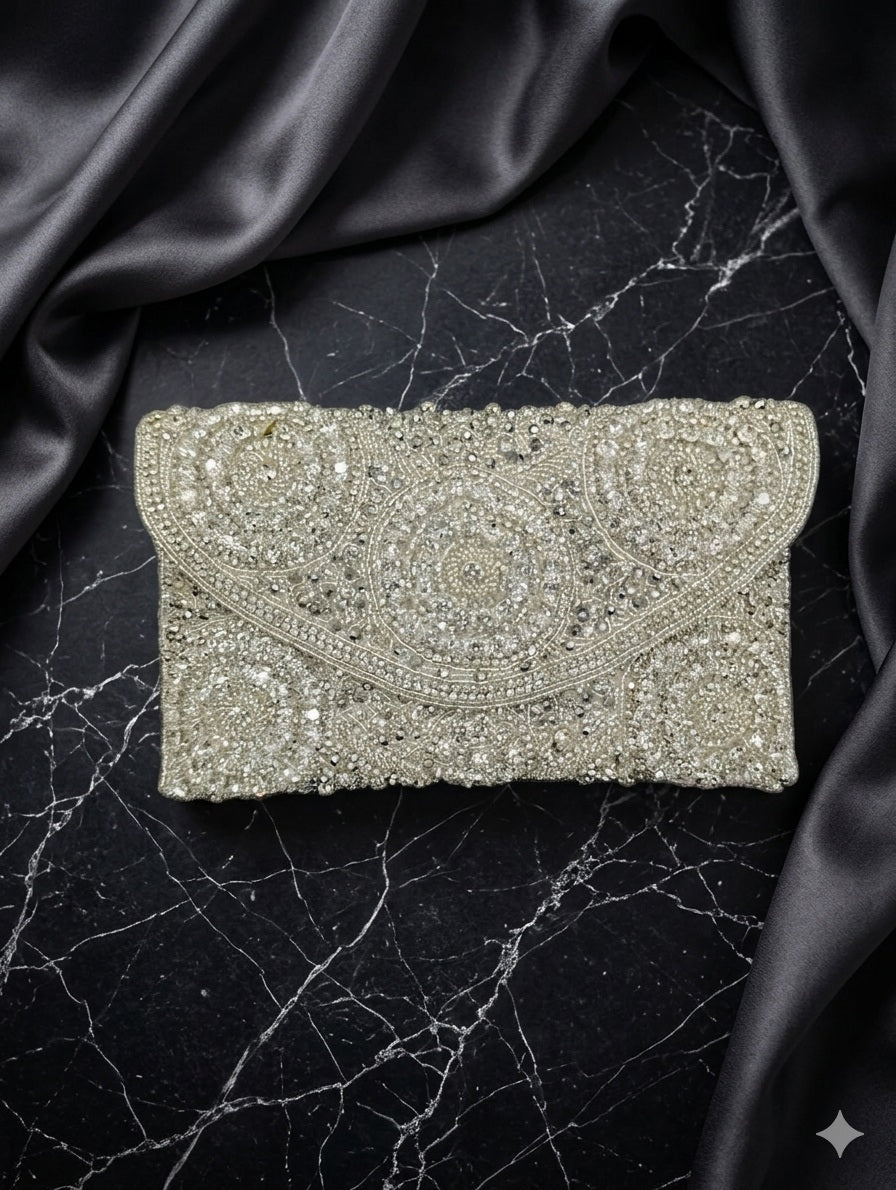 Silver Hand-Beaded Clutch