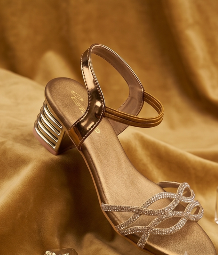 Gold Shimmer Wave Sandals with Sculpted Metallic Block Heel