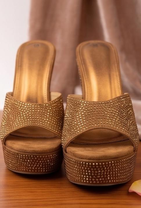 Bronze Rhinestone Studded Platform Heeled Mules