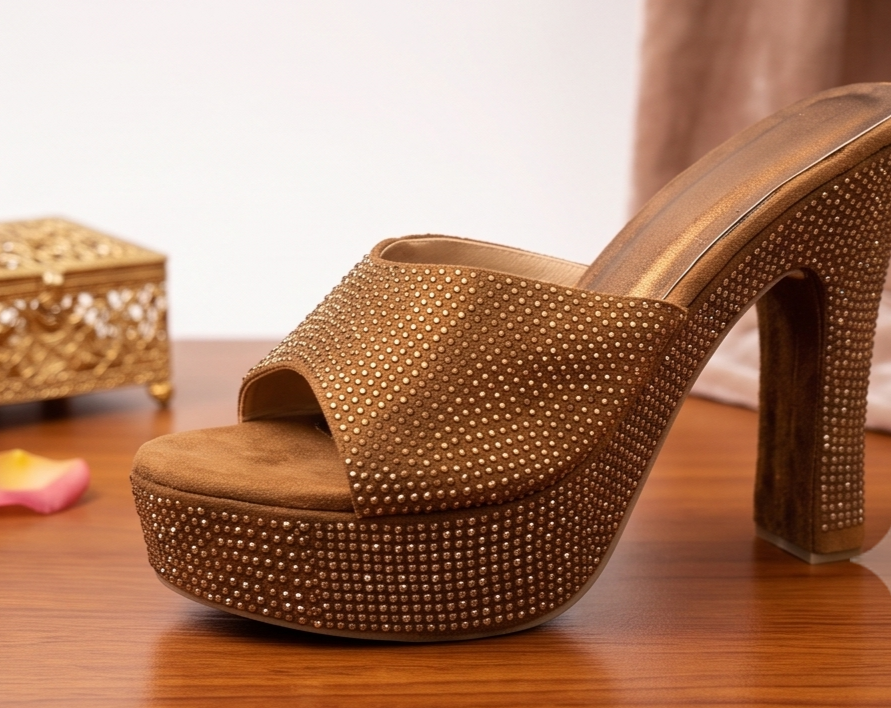Bronze Rhinestone Studded Platform Heeled Mules