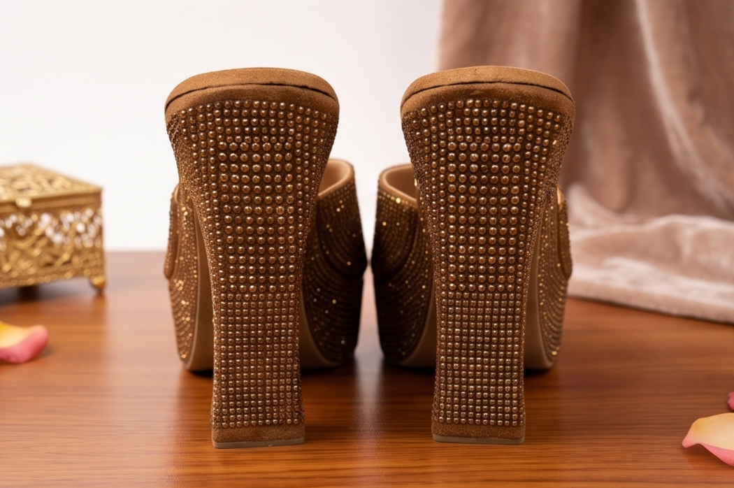Bronze Rhinestone Studded Platform Heeled Mules