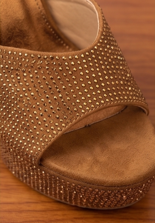 Bronze Rhinestone Studded Platform Heeled Mules