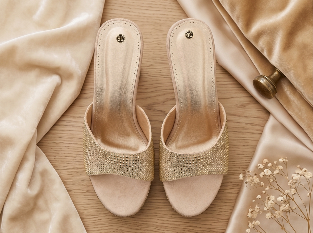 Rhinestone Embellished Beige Platform Heeled Mules