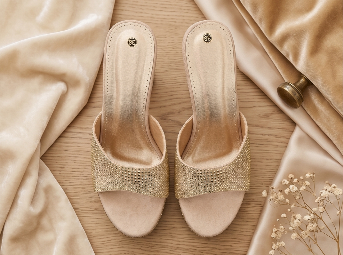 Rhinestone Embellished Beige Platform Heeled Mules