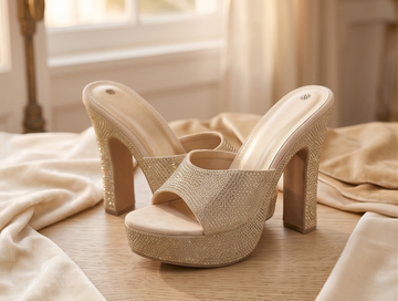 Rhinestone Embellished Beige Platform Heeled Mules