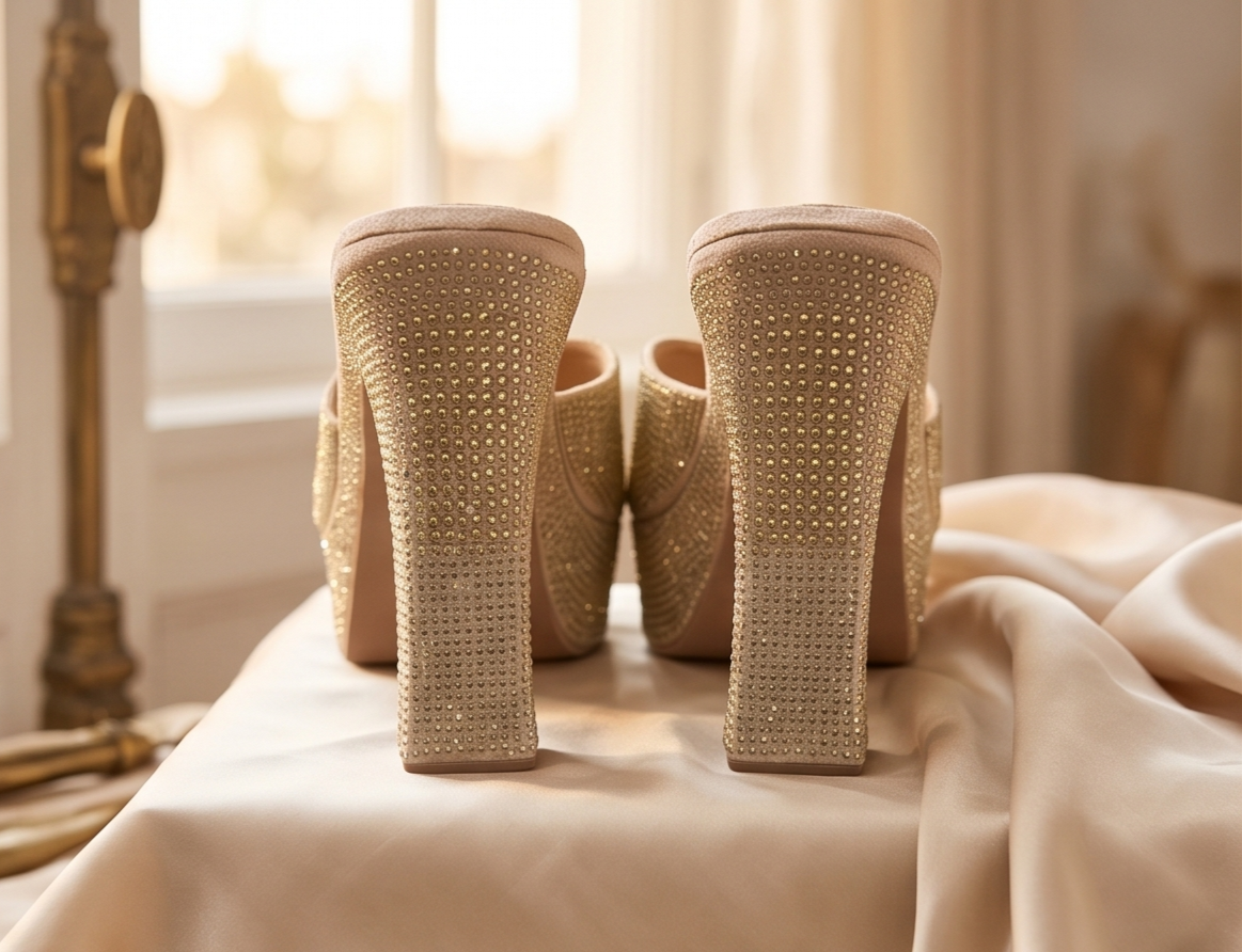 Rhinestone Embellished Beige Platform Heeled Mules