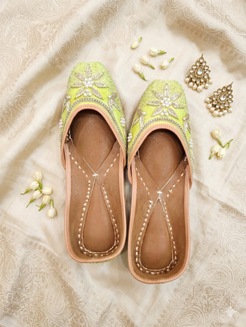 Handcrafted Lime Green Floral Pearl & Zardozi Punjabi Juttis