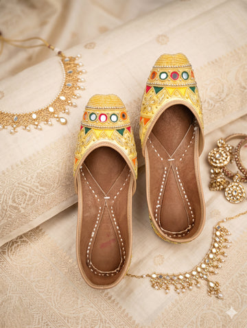Handcrafted Bright Yellow Mirror & Thread Embroidered Punjabi Juttis