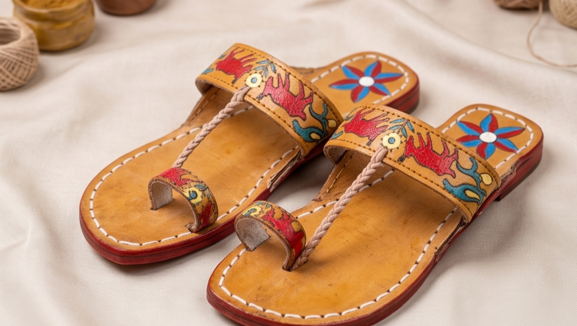 Handcrafted Leather Kolhapuri Chappals with Hand-Painted Traditional Motifs