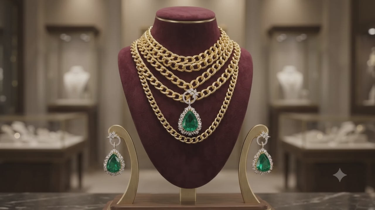 Multi-Strand Gold Chain & Pear Emerald CZ Set