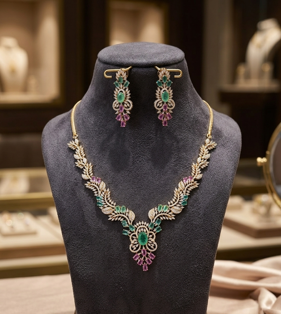 Flora mint & Ruby Leaf CZ light rose gold Necklace Set