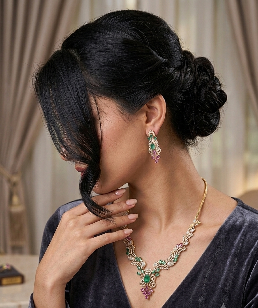 Flora mint & Ruby Leaf CZ light rose gold Necklace Set