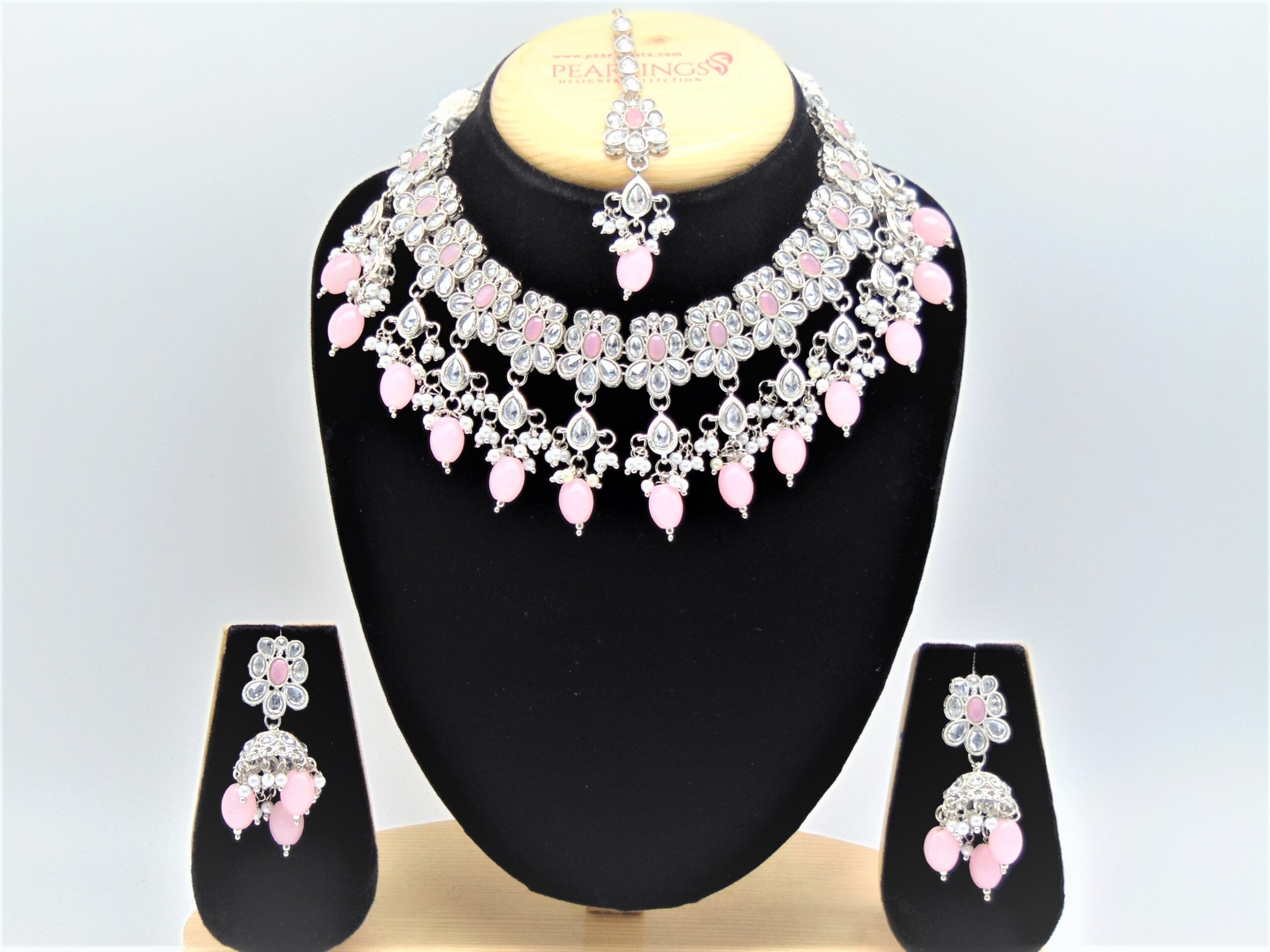 Light pink silver plated cz diamond Necklace set  Pink jewelry set, Bridal  necklace designs, Choker necklace set