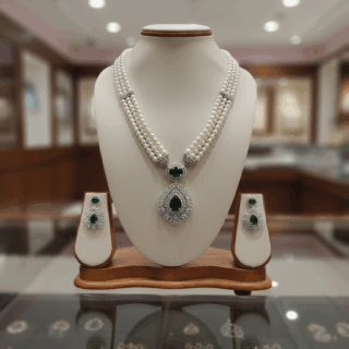 CZ crystal-embellished long pearls rhodium-plated jewelry set with emerald green crystal