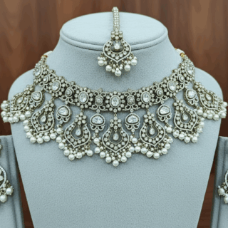 Ethnic Indian elegant choker necklace set with gold plating CZ crystals