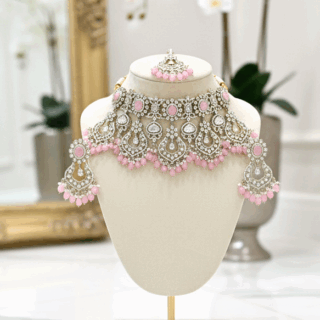 Ethnic Indian elegant pink choker necklace set with gold plating CZ crystals