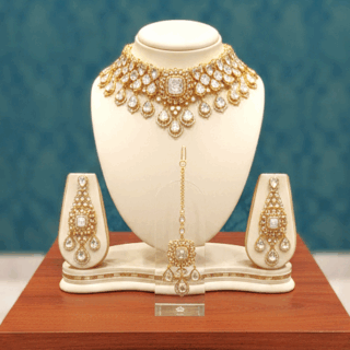 Ethnic Indian elegant choker necklace set with gold plating CZ crystals