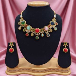 Ethnic Indian elegant necklace set with gold plating CZ crystals