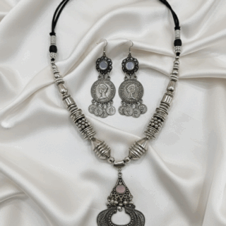 Radiant Festive Style: Oxidized Silver Necklace & Earring Set
