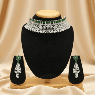 Rhodium plated choker with cubic zirconia and emerald green crystals