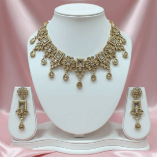 Ethnic Indian elegant necklace set with gold plating CZ crystals