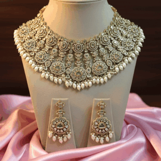 Ethnic Indian elegant necklace set with gold plating CZ crystals