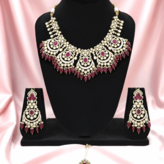 Ethnic Indian elegant maroon necklace set with gold plating CZ crystals