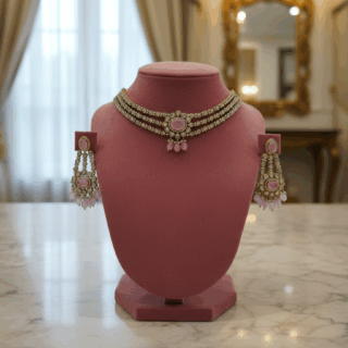 Ethnic Indian elegant pink choker necklace set with gold plating CZ crystals