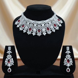 Rhodium plated choker with cubic zirconia and red crystals