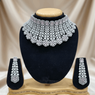 Rhodium plated choker with cubic zirconia and baby pink crystals