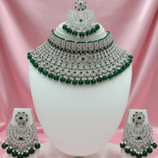 Ethnic Indian elegant silver with emerald, green beads necklace set with gold plating CZ crystals
