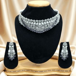Rhodium-plated choker with sparkling CZ and purple crystals