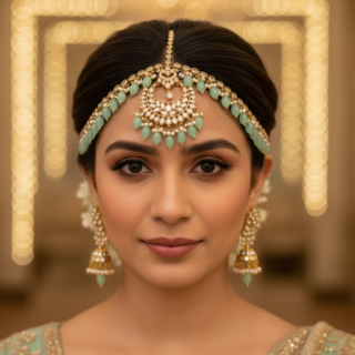 An exquisite CZ-encrusted Matha Patti, beautifully accented with luminous pearls and delicate beadwork.