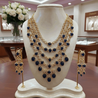 CZ crystal-embellished 4 rows long gold-plated jewelry set with dark blue sapphire crystals