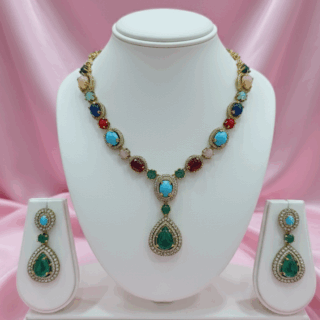 Ethnic Indian elegant  necklace set with Gold plating CZ crystals