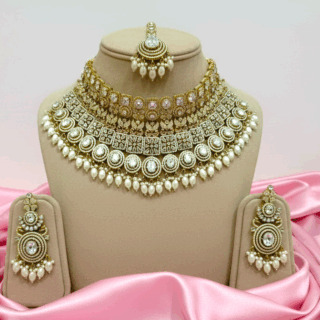 Ethnic Indian elegant necklace set with gold plating CZ crystals