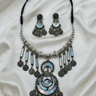 Radiant Festive Style: Oxidized Silver Necklace & Earring Set