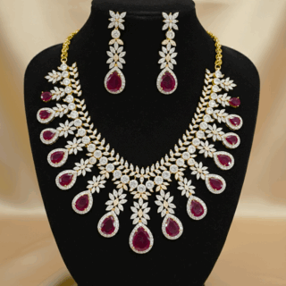 Gold and Rhodium plated necklace earring set with cubic zirconia crystals