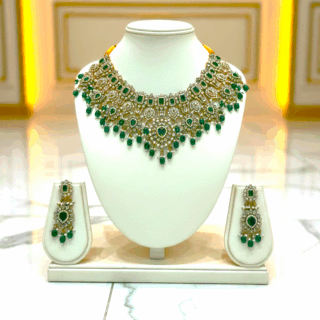 Ethnic Indian elegant emerald green choker necklace set with gold plating CZ crystals