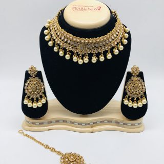 Details about   SOUTH INDIAN CHOKER JEWELRY SET GOLD PLATED BRIDAL KUNDAN CZ NECKLACE EARRINGS 