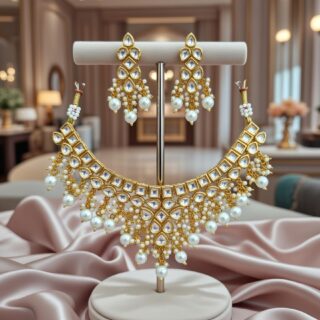 Elegant designer Kundan necklace and earring set.