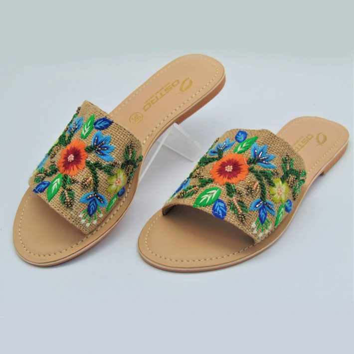 Floral Design Embroidered Flat Sandals