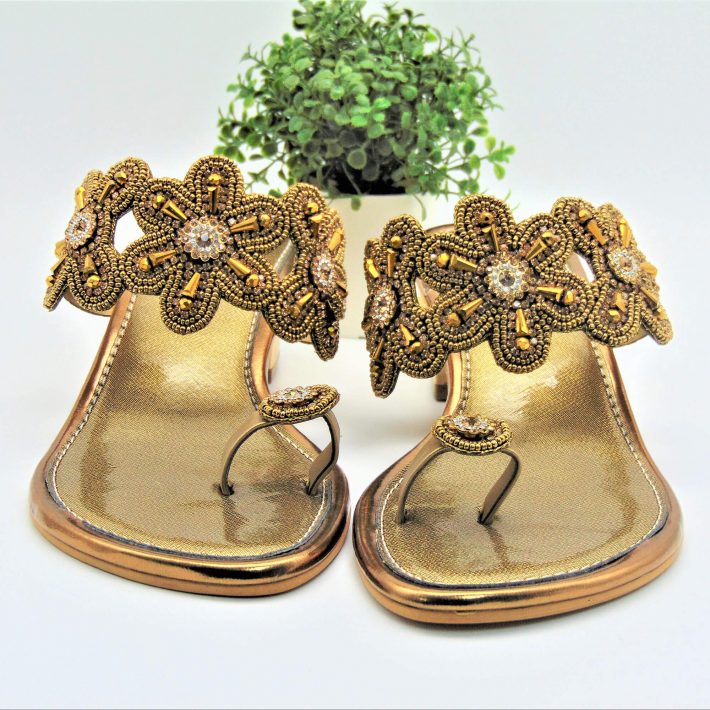 Golden Floral Rhine Stone Designer Sandals
