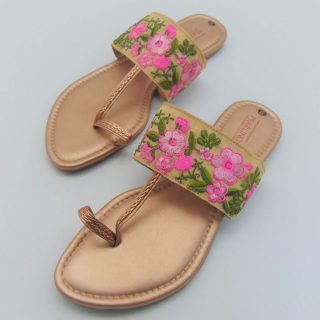 Pretty Pink Floral Design Embroidered Flat Sandals